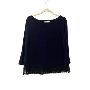 🟢Ann Taylor LOFT Navy With Black Lace Boat Neck 3/4 Sleeve Top Size L